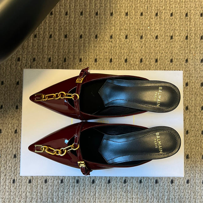 BALMAIN 26S GOLD CHAIN HIGH HEEL MULES 45 MM IN DARK RED PATENT CALFSKIN