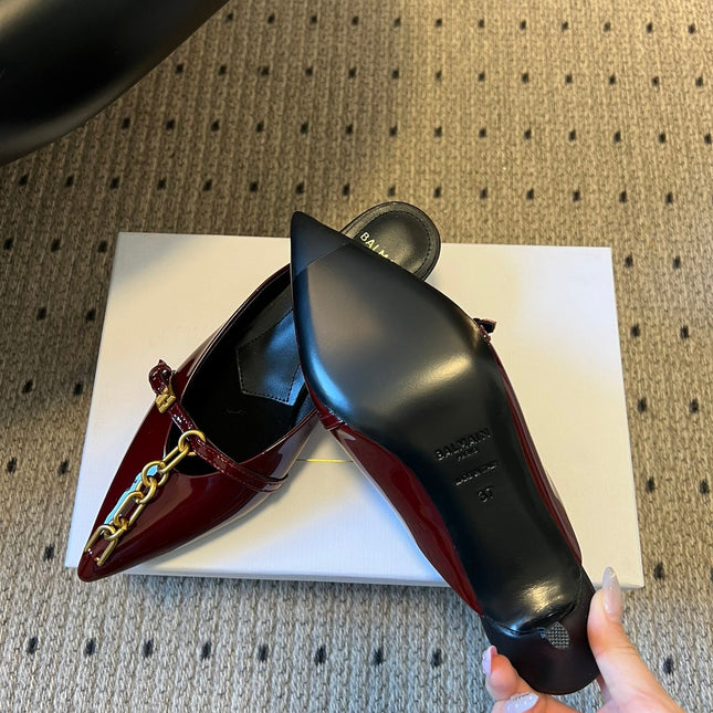 BALMAIN 26S GOLD CHAIN HIGH HEEL MULES 45 MM IN DARK RED PATENT CALFSKIN
