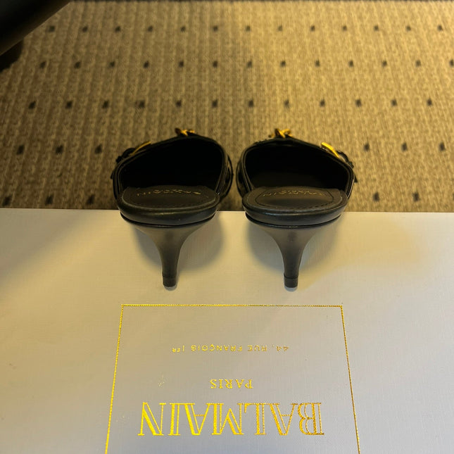 BALMAIN 26S GOLD CHAIN HIGH HEEL MULES 45 MM IN BLACK PATENT CALFSKIN