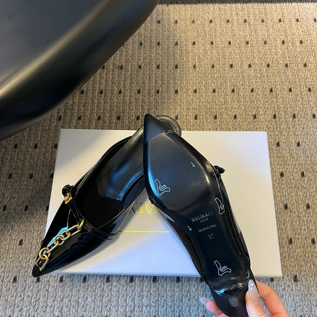 BALMAIN 26S GOLD CHAIN HIGH HEEL MULES 45 MM IN BLACK PATENT CALFSKIN