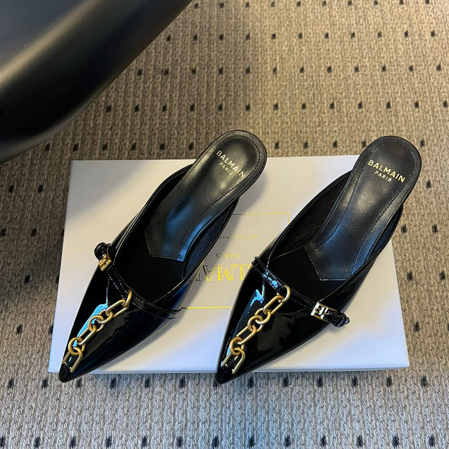 BALMAIN 26S GOLD CHAIN HIGH HEEL MULES 45 MM IN BLACK PATENT CALFSKIN