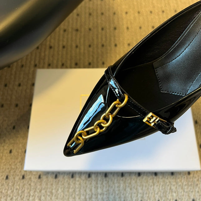 BALMAIN 26S GOLD CHAIN HIGH HEEL MULES 45 MM IN BLACK PATENT CALFSKIN
