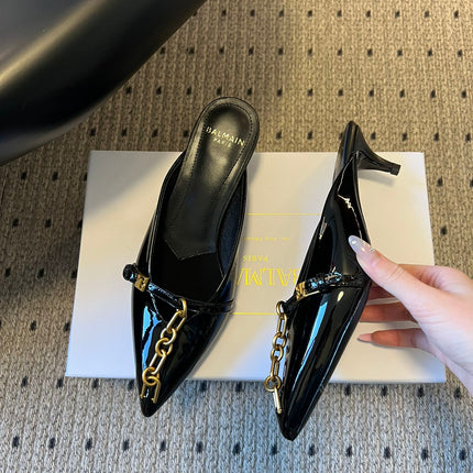 BALMAIN 26S GOLD CHAIN HIGH HEEL MULES 45 MM IN BLACK PATENT CALFSKIN