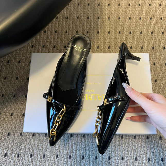 BALMAIN 26S GOLD CHAIN HIGH HEEL MULES 45 MM IN BLACK PATENT CALFSKIN