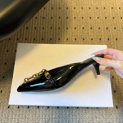 BALMAIN 26S GOLD CHAIN HIGH HEEL MULES 45 MM IN BLACK PATENT CALFSKIN