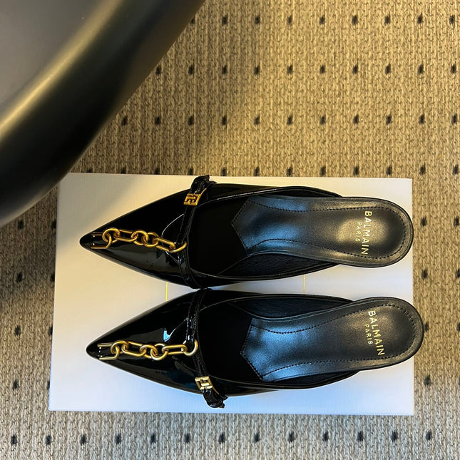 BALMAIN 26S GOLD CHAIN HIGH HEEL MULES 45 MM IN BLACK PATENT CALFSKIN