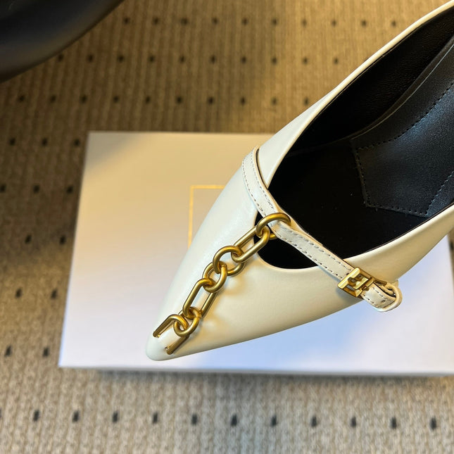 BALMAIN 26S GOLD CHAIN HIGH HEEL MULES 45 MM IN WHITE CALFSKIN