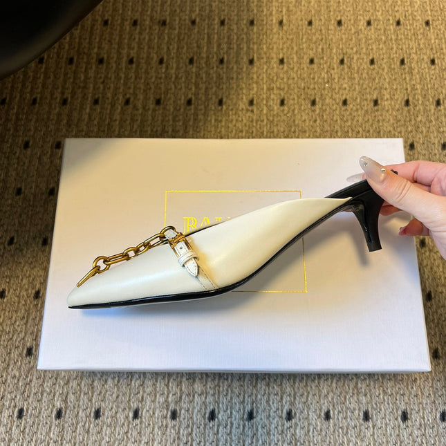 BALMAIN 26S GOLD CHAIN HIGH HEEL MULES 45 MM IN WHITE CALFSKIN
