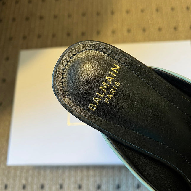 BALMAIN 26S GOLD CHAIN HIGH HEEL MULES 45 MM IN MINT GREEN CALFSKIN