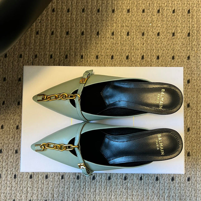 BALMAIN 26S GOLD CHAIN HIGH HEEL MULES 45 MM IN MINT GREEN CALFSKIN