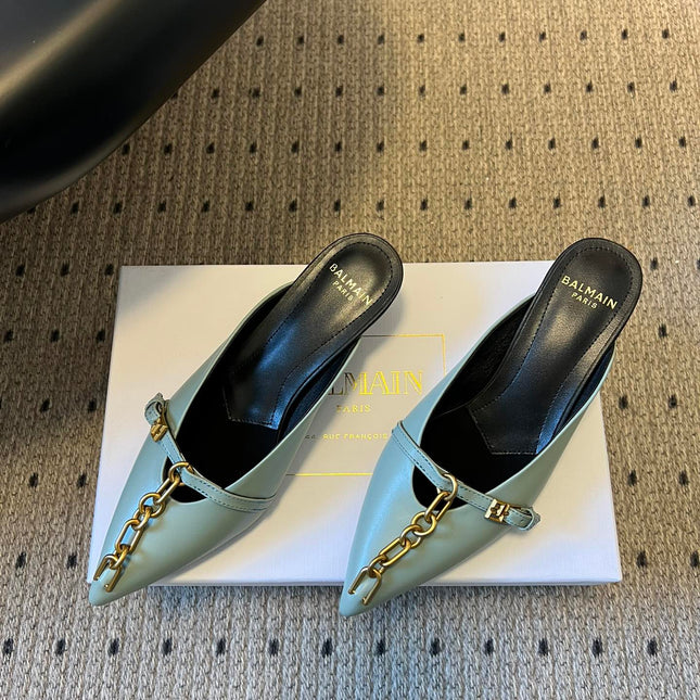 BALMAIN 26S GOLD CHAIN HIGH HEEL MULES 45 MM IN MINT GREEN CALFSKIN