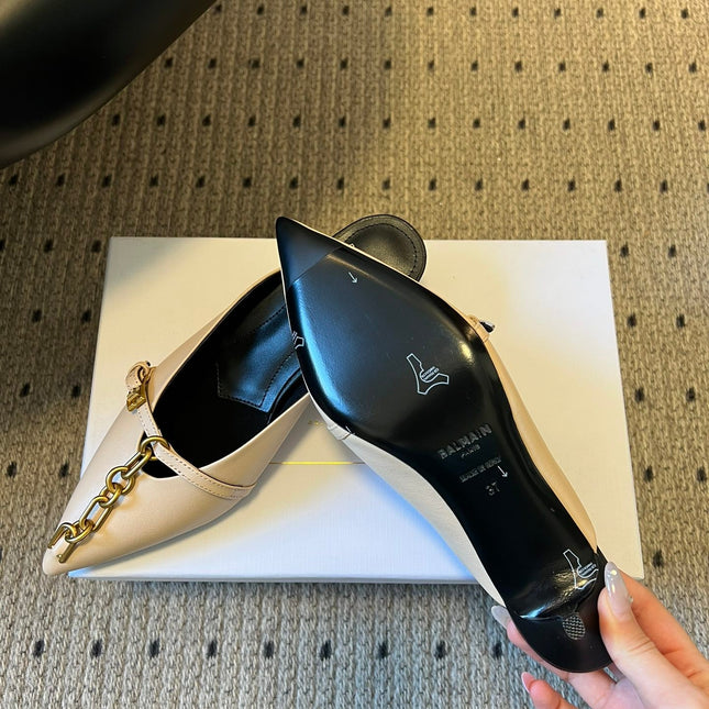 BALMAIN 26S GOLD CHAIN HIGH HEEL MULES 45 MM IN BEIGE CALFSKIN