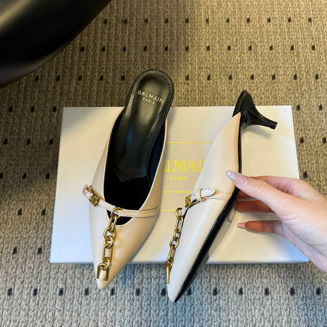 BALMAIN 26S GOLD CHAIN HIGH HEEL MULES 45 MM IN BEIGE CALFSKIN