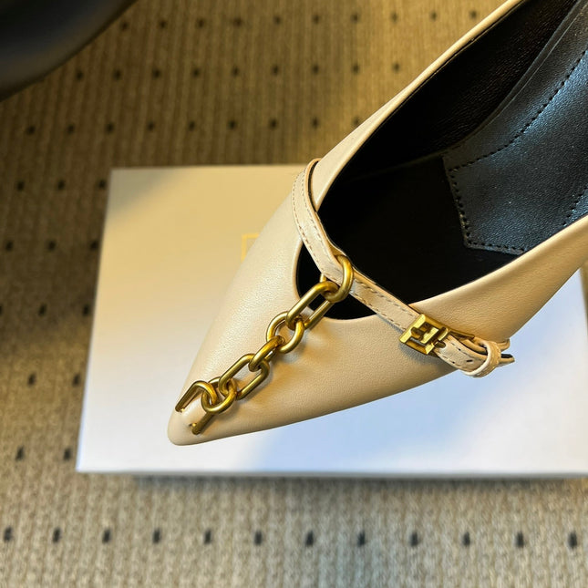 BALMAIN 26S GOLD CHAIN HIGH HEEL MULES 45 MM IN BEIGE CALFSKIN
