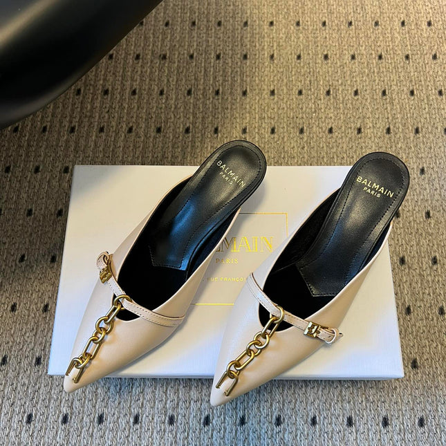 BALMAIN 26S GOLD CHAIN HIGH HEEL MULES 45 MM IN BEIGE CALFSKIN