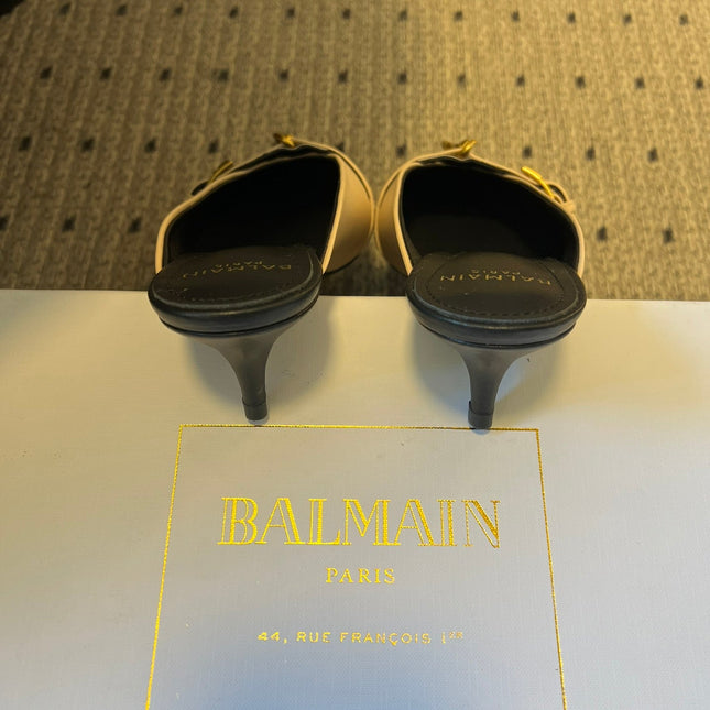 BALMAIN 26S GOLD CHAIN HIGH HEEL MULES 45 MM IN BEIGE CALFSKIN