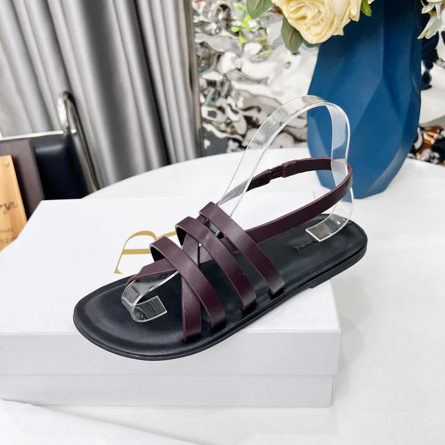 THE ROW 26S MINIMAL STRAPPY FLAT SANDALS IN WINE RED CALFSKIN