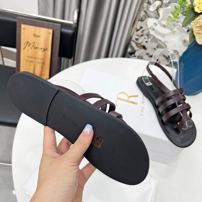 THE ROW 26S MINIMAL STRAPPY FLAT SANDALS IN WINE RED CALFSKIN