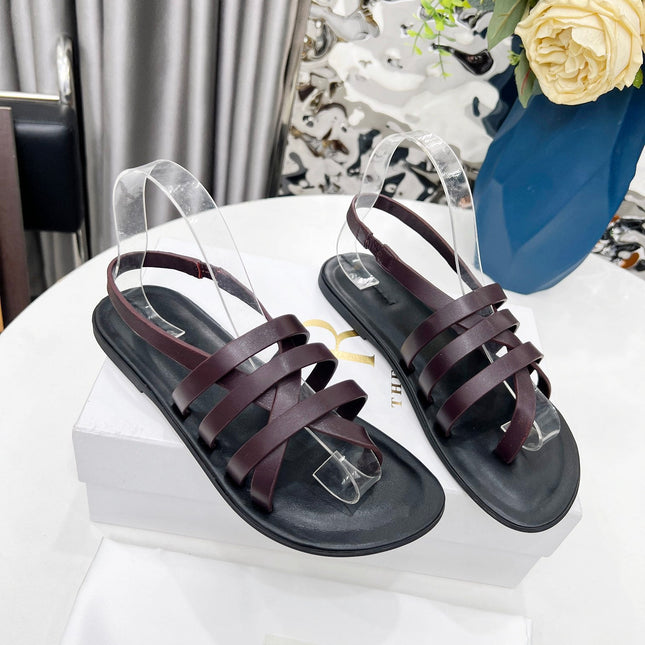 THE ROW 26S MINIMAL STRAPPY FLAT SANDALS IN WINE RED CALFSKIN