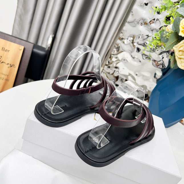 THE ROW 26S MINIMAL STRAPPY FLAT SANDALS IN WINE RED CALFSKIN