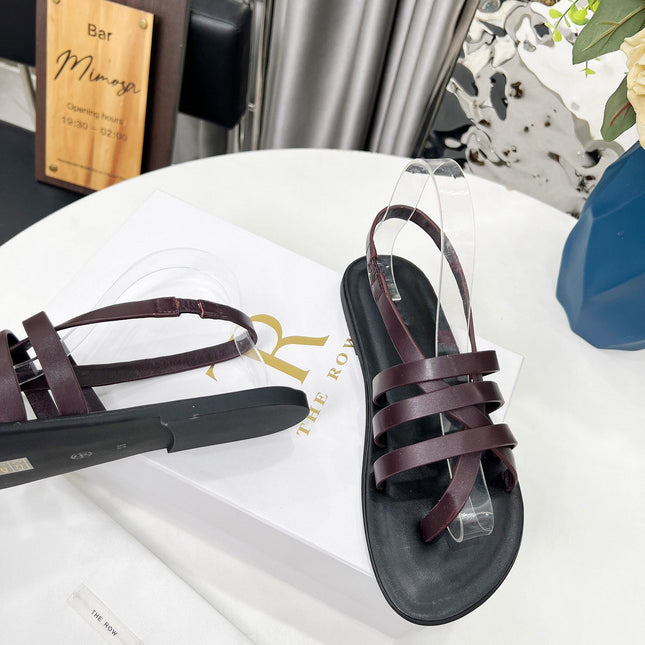 THE ROW 26S MINIMAL STRAPPY FLAT SANDALS IN WINE RED CALFSKIN