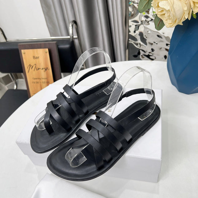 THE ROW 26S MINIMAL STRAPPY FLAT SANDALS IN BLACK CALFSKIN