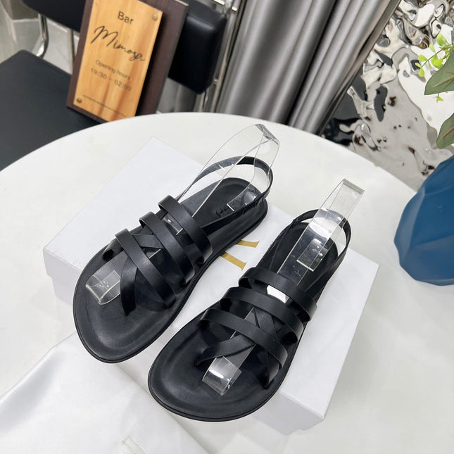 THE ROW 26S MINIMAL STRAPPY FLAT SANDALS IN BLACK CALFSKIN