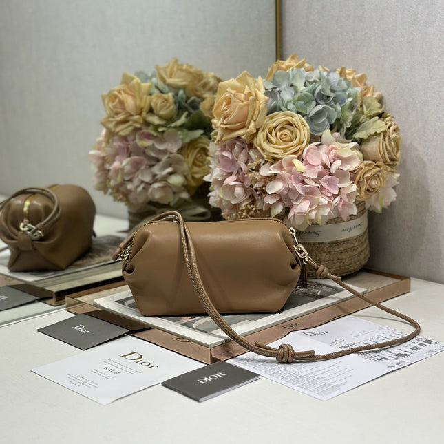 DIOR 26S BOW POUCH BAG 20 IN BROWN LAMBSKIN