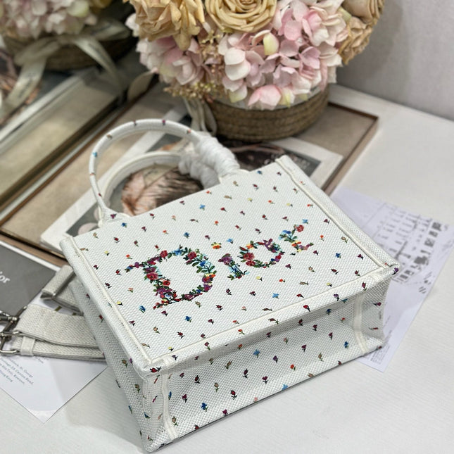 DIOR 26S BOOK TOTE BAG 26 IN MULTICOLOR MICRO FLORAL BAYADERE FABRIC