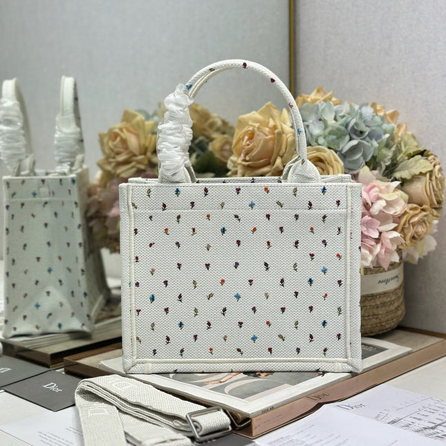 DIOR 26S BOOK TOTE BAG 26 IN MULTICOLOR MICRO FLORAL BAYADERE FABRIC