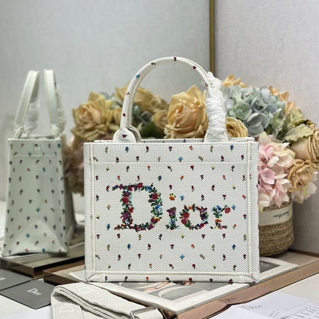 DIOR 26S BOOK TOTE BAG 26 IN MULTICOLOR MICRO FLORAL BAYADERE FABRIC