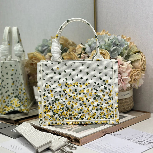 DIOR 26S BOOK TOTE BAG 26 IN WHITE FLORAL EMBROIDERY BAYADERE FABRIC
