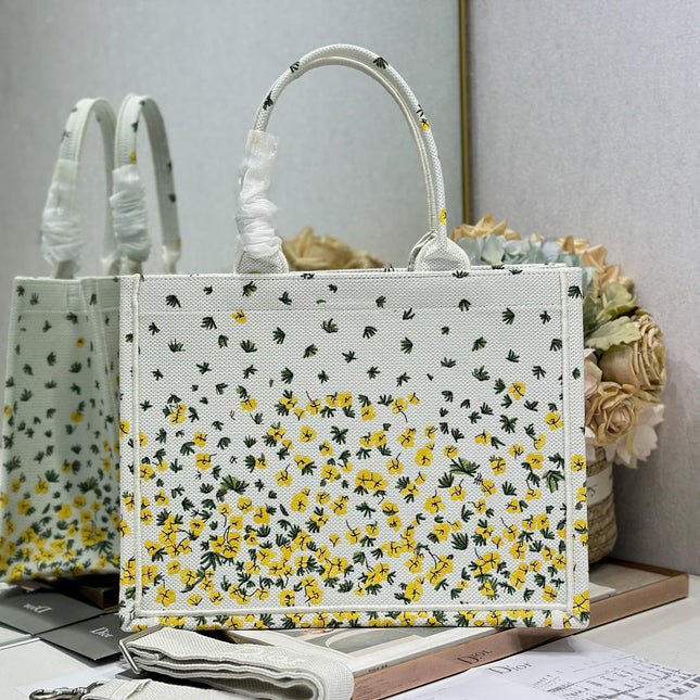 DIOR 26S BOOK TOTE BAG 36 IN WHITE FLORAL EMBROIDERY BAYADERE FABRIC