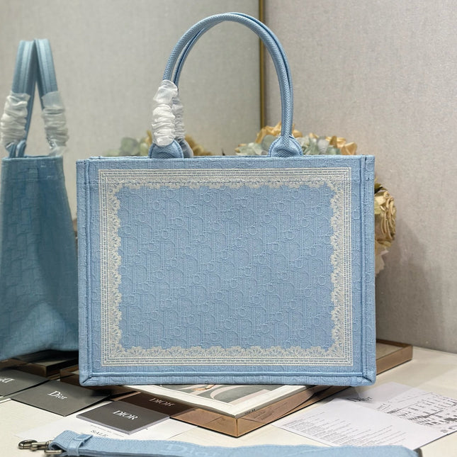 DIOR 26S BOOK TOTE BAG 36 IN BLUE AND WHITE LACE BAYADERE FABRIC
