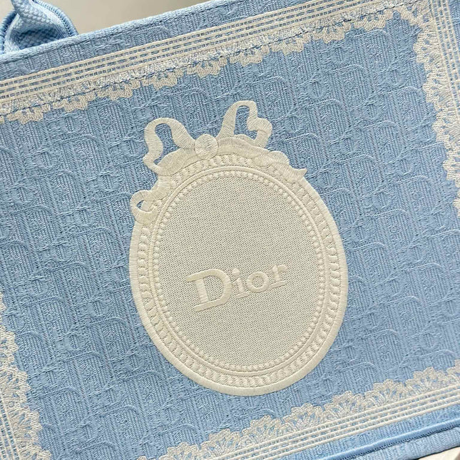 DIOR 26S BOOK TOTE BAG 36 IN BLUE AND WHITE LACE BAYADERE FABRIC