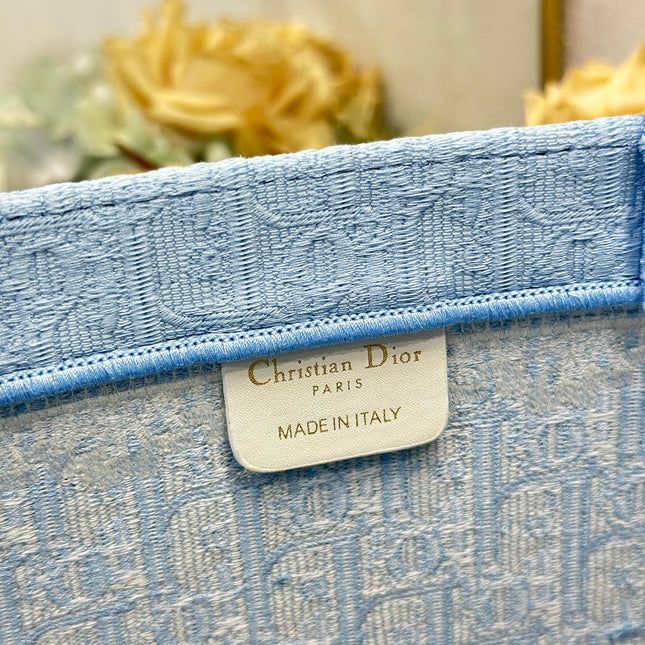 DIOR 26S BOOK TOTE BAG 42 IN BLUE AND WHITE LACE BAYADERE FABRIC