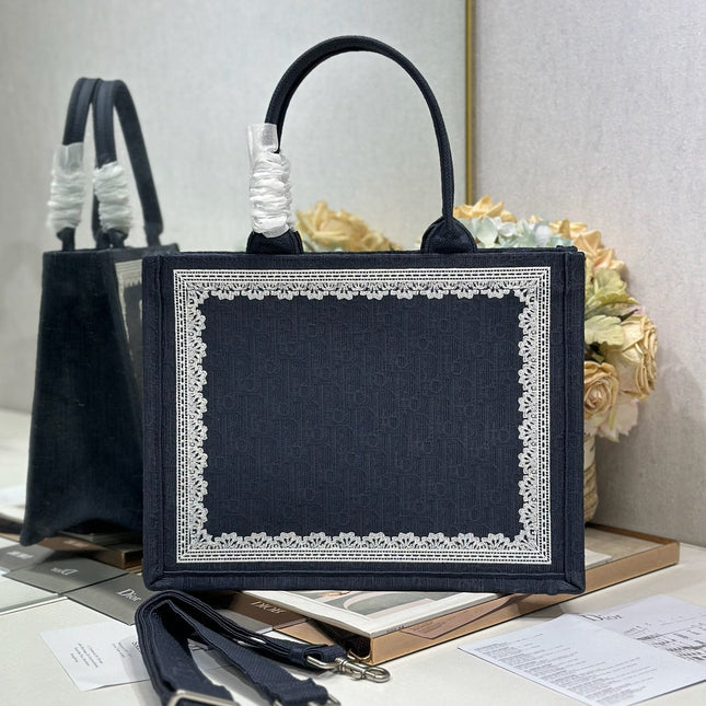 DIOR 26S BOOK TOTE BAG 36 IN BLACK AND WHITE LACE BAYADERE FABRIC