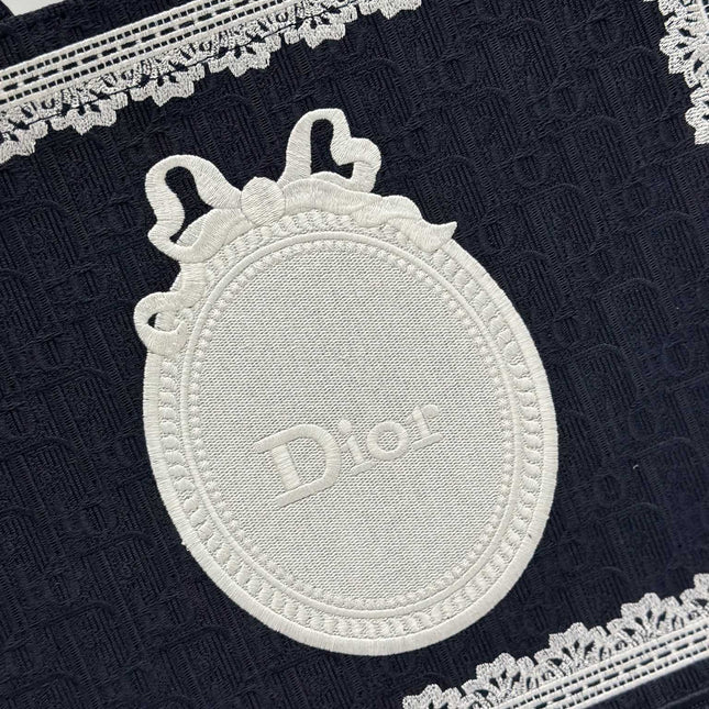 DIOR 26S BOOK TOTE BAG 36 IN BLACK AND WHITE LACE BAYADERE FABRIC