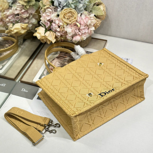 DIOR 26S BOOK TOTE BAG 36 IN BEIGE BAYADERE FABRIC D-STRIPES EMBROIDERY