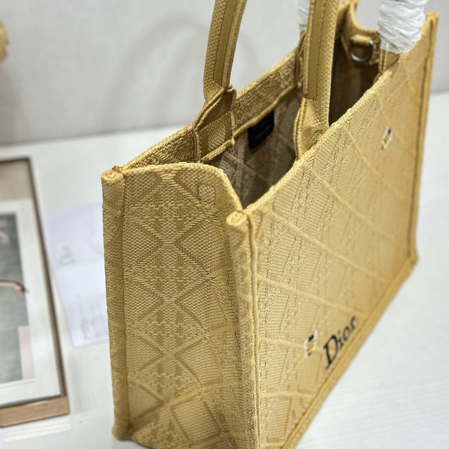 DIOR 26S BOOK TOTE BAG 36 IN BEIGE BAYADERE FABRIC D-STRIPES EMBROIDERY