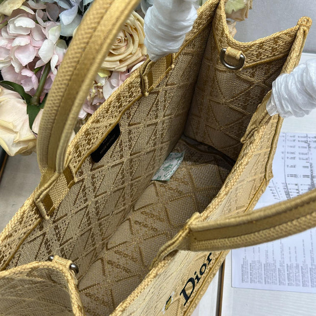 DIOR 26S BOOK TOTE BAG 36 IN BEIGE BAYADERE FABRIC D-STRIPES EMBROIDERY
