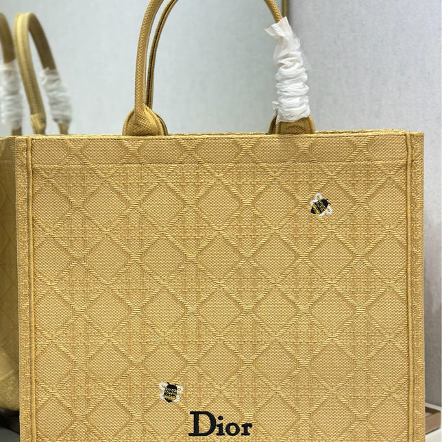 DIOR 26S BOOK TOTE BAG 42 IN BEIGE BAYADERE FABRIC D-STRIPES EMBROIDERY