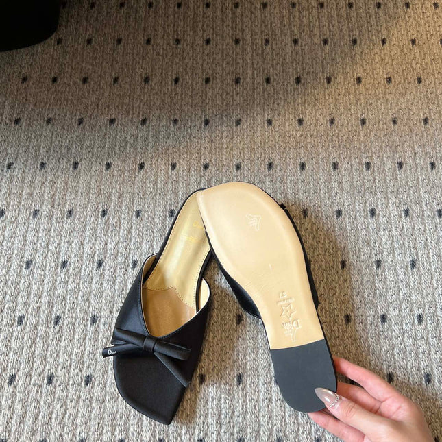 DIOR 26S OBLIQUE BOW MULE IN BLACK SATIN
