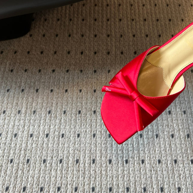 DIOR 26S OBLIQUE BOW MULE IN RED SATIN