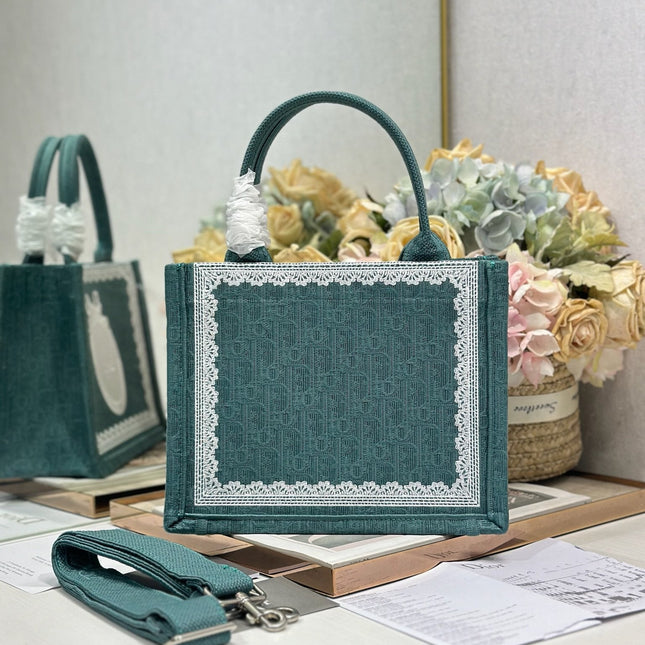 DIOR 26S BOOK TOTE BAG 26 IN TEAL GREEN AND WHITE BAYADERE FABRIC