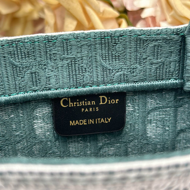 DIOR 26S BOOK TOTE BAG 26 IN TEAL GREEN AND WHITE BAYADERE FABRIC