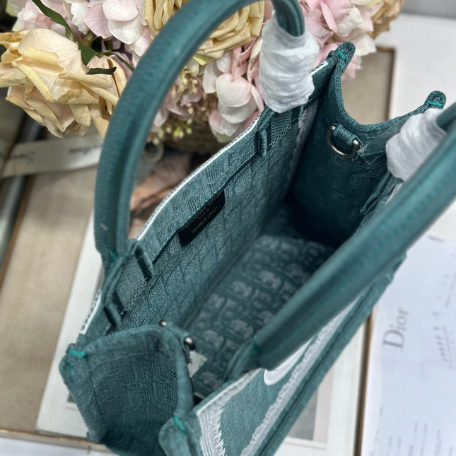 DIOR 26S BOOK TOTE BAG 26 IN TEAL GREEN AND WHITE BAYADERE FABRIC