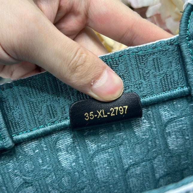 DIOR 26S BOOK TOTE BAG 26 IN TEAL GREEN AND WHITE BAYADERE FABRIC