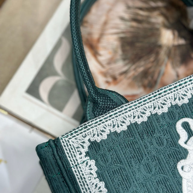 DIOR 26S BOOK TOTE BAG 26 IN TEAL GREEN AND WHITE BAYADERE FABRIC
