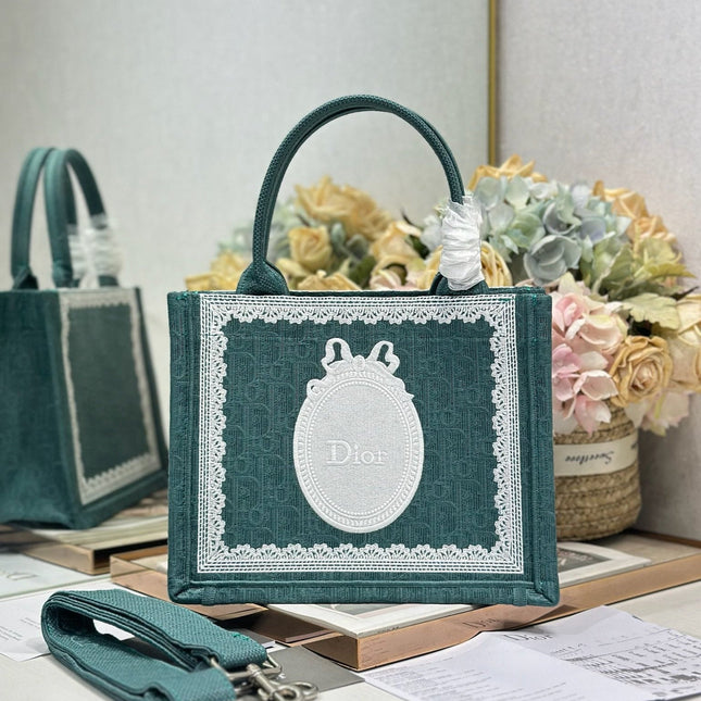 DIOR 26S BOOK TOTE BAG 26 IN TEAL GREEN AND WHITE BAYADERE FABRIC